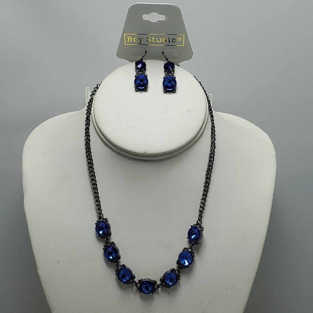 Bay Studio Blue Stone Frontal Necklace & Earring Set Blue/hematite Tone